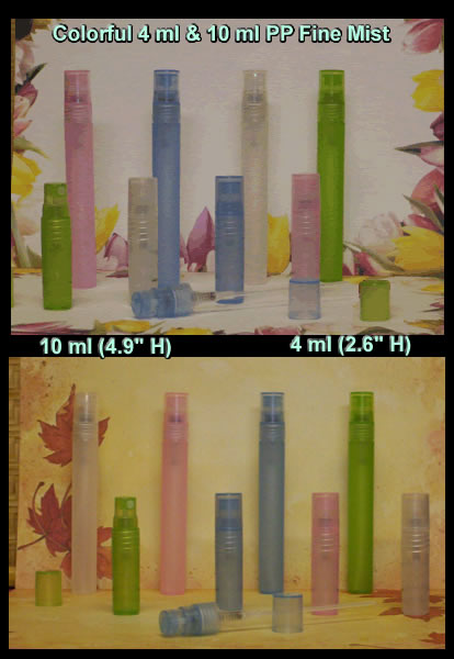 Slim PP Bottles 4 ml, 10 ml, Fine Mist, Screw On, Pink, Clear, Green Blue